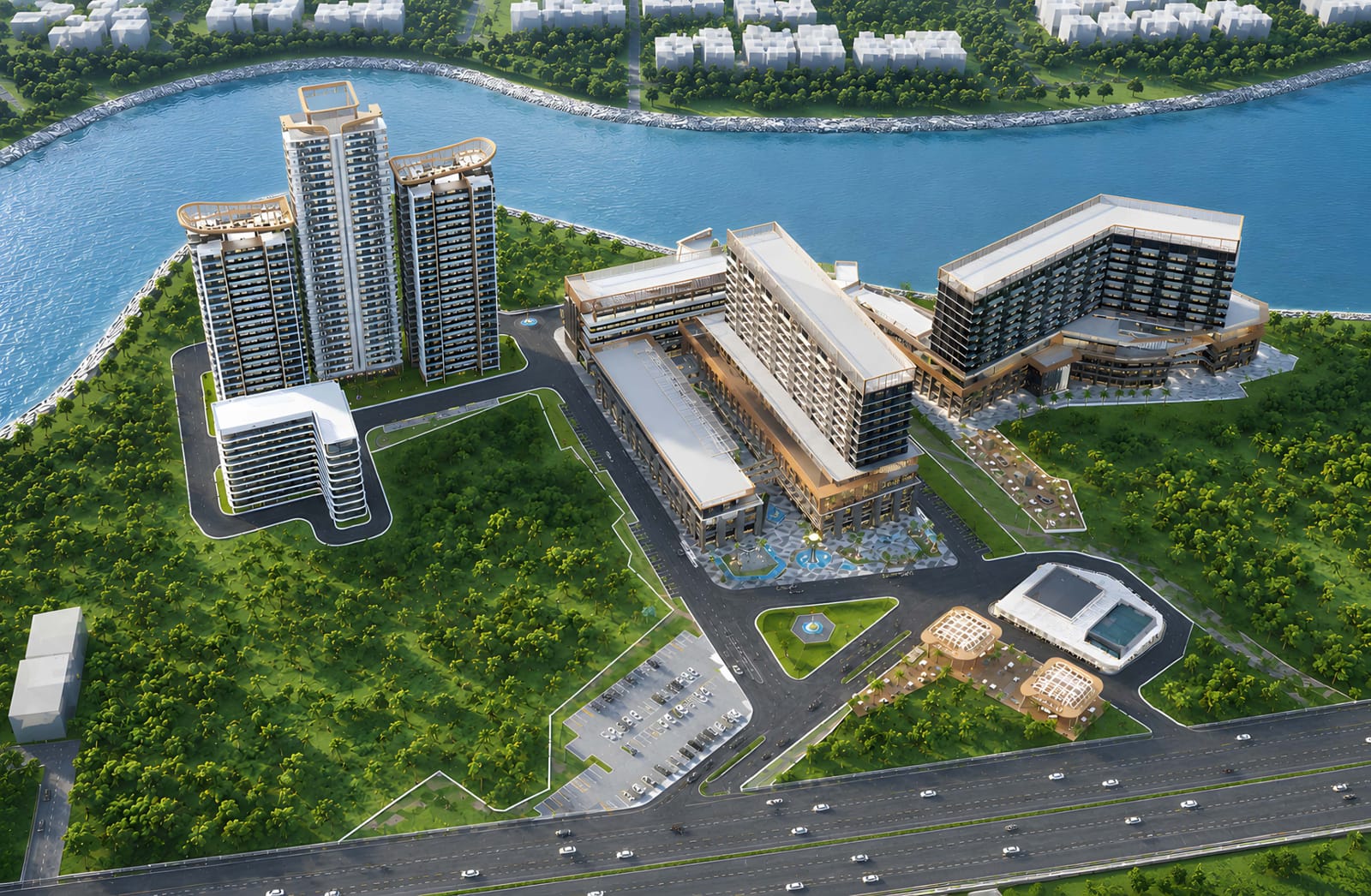 Aerial view of the development beside the water, artist's impression