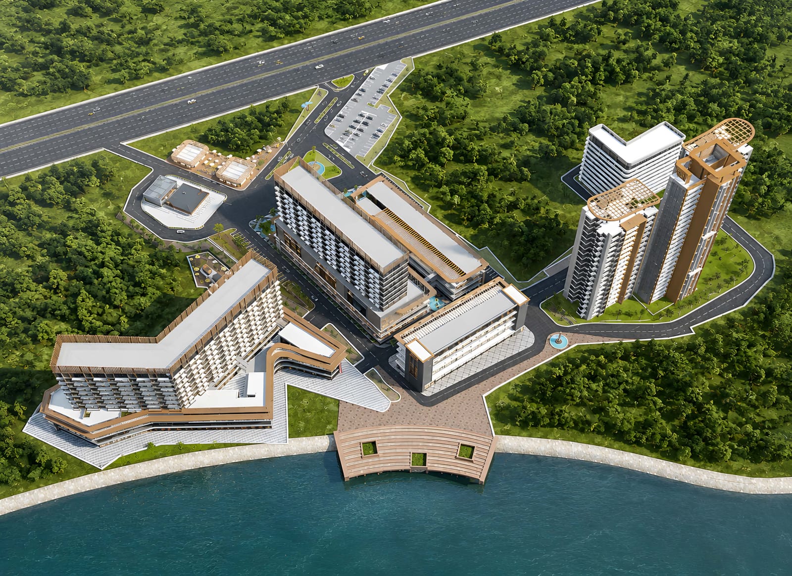 Aerial view of the towers and commercial blocks, artist's impression
