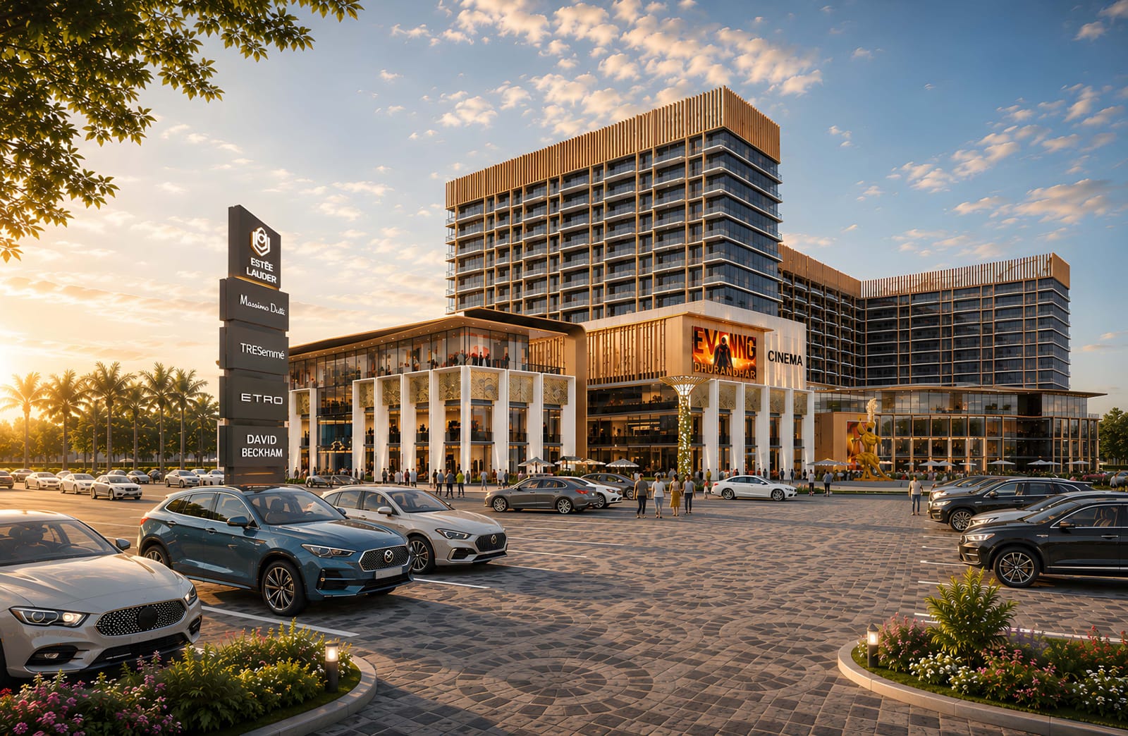 Commercial block and arrival plaza, artist's impression (brand names shown are illustrative, not confirmed tenants)