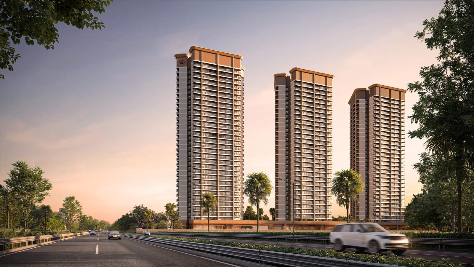 The three Leafsong Retreat towers from the approach road — artist's impression