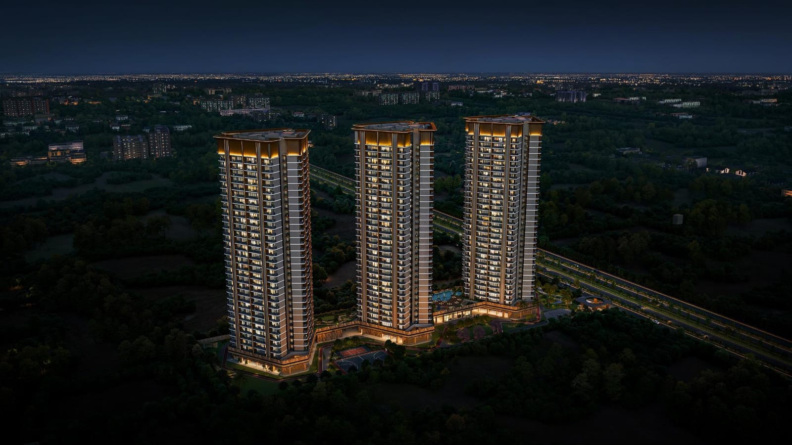 Leafsong Retreat towers at night — artist's impression